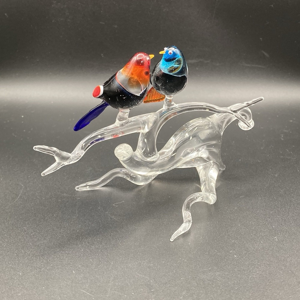 Vintage Hand Blown Art Glass Lovebirds Birds Branch Sculpture Figure Multicolor